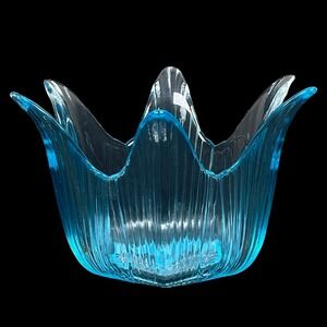 Vintage Blue Ribbed Glass Starburst Tulip Bowl Candy Dish Mid Century Modern
